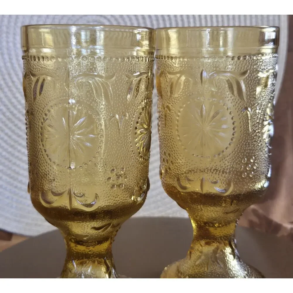 2 Vintage Brockway Glass American Concord Amber Water Glass Goblet Tumbler 8oz